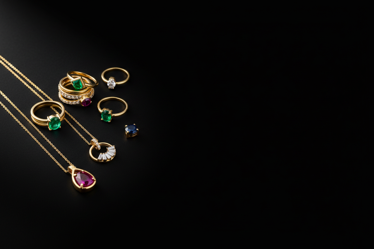 make it simpler more beautiful and move every thing to the left but keepit nicer more modern rings and pendent 